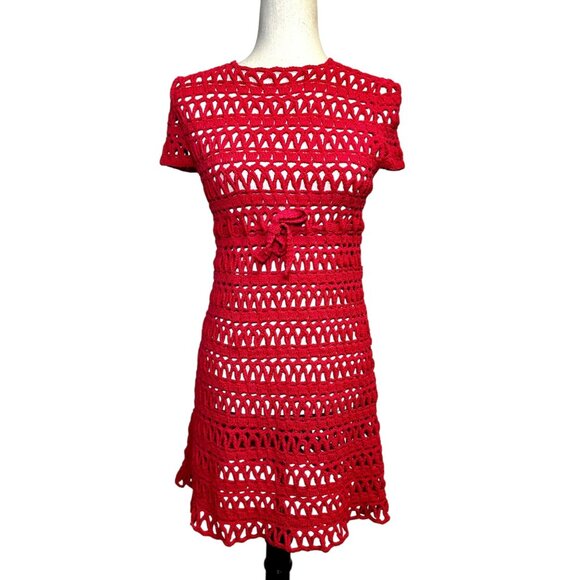 Vintage Handmade Red Crochet Dress Boho Festival Summer Beach Cover Up Short Sle - Picture 1 of 5
